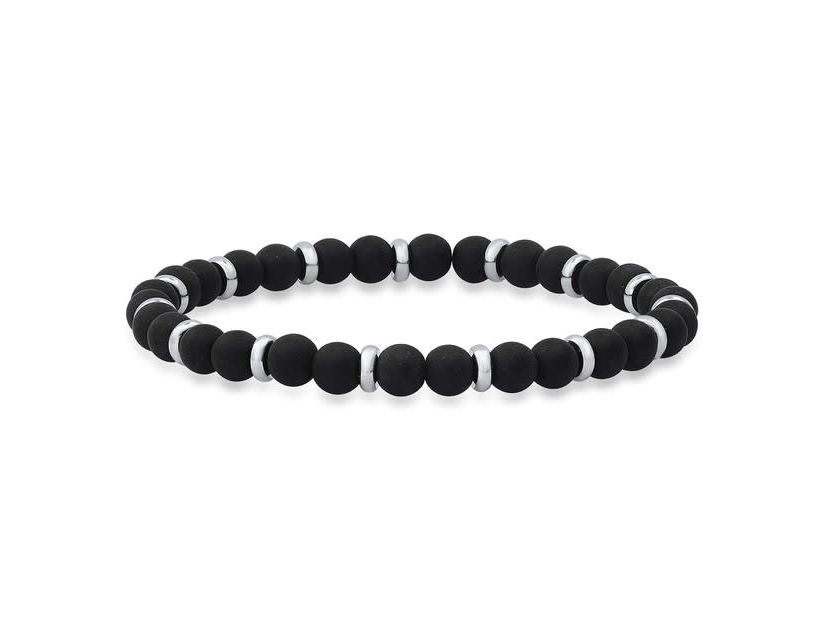 Mens black lava and stainless steel beaded bracelet