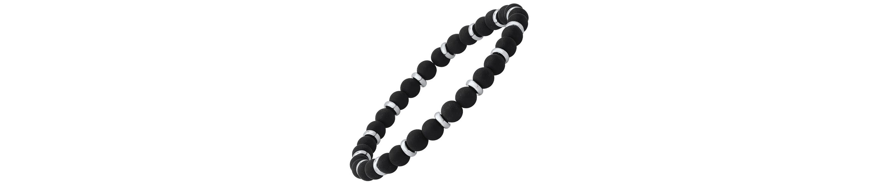 Mens black lava and stainless steel beaded bracelet