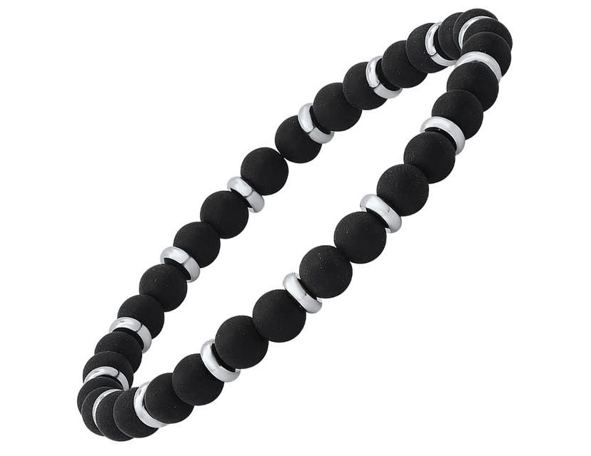 Mens black lava and stainless steel beaded bracelet