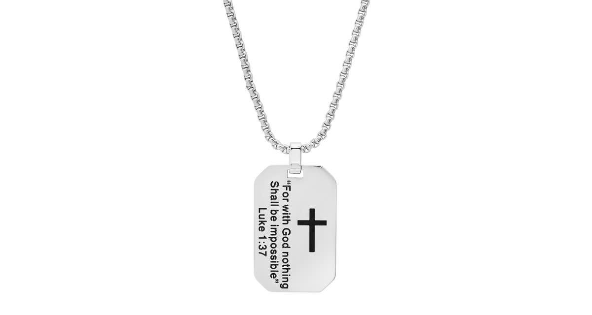 Mens stainless steel "For with God nothing Shall be Impossible" dog tag pendant