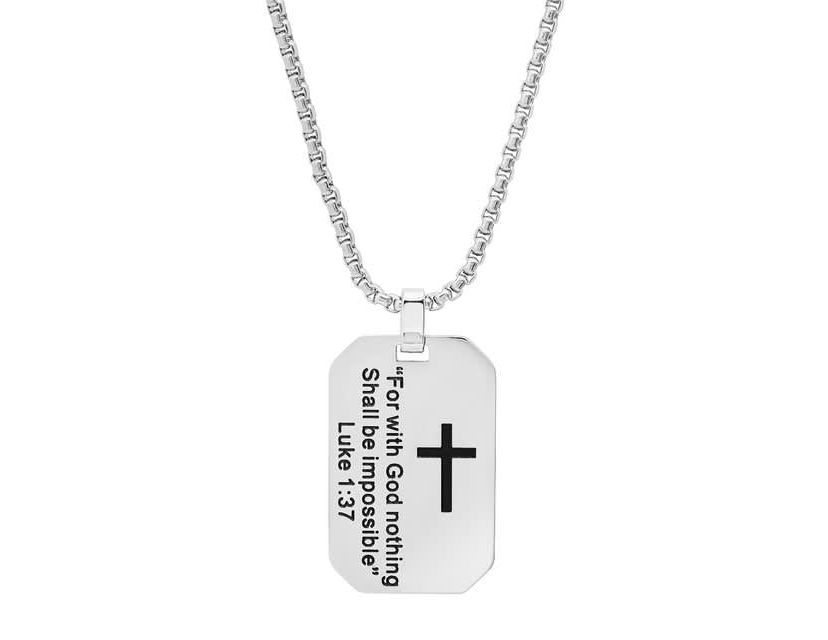 Mens stainless steel "For with God nothing Shall be Impossible" dog tag pendant