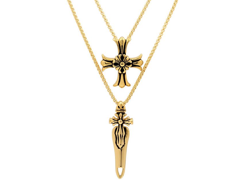 Mens 18k gold plated stainless steel double layer cross and sword necklace