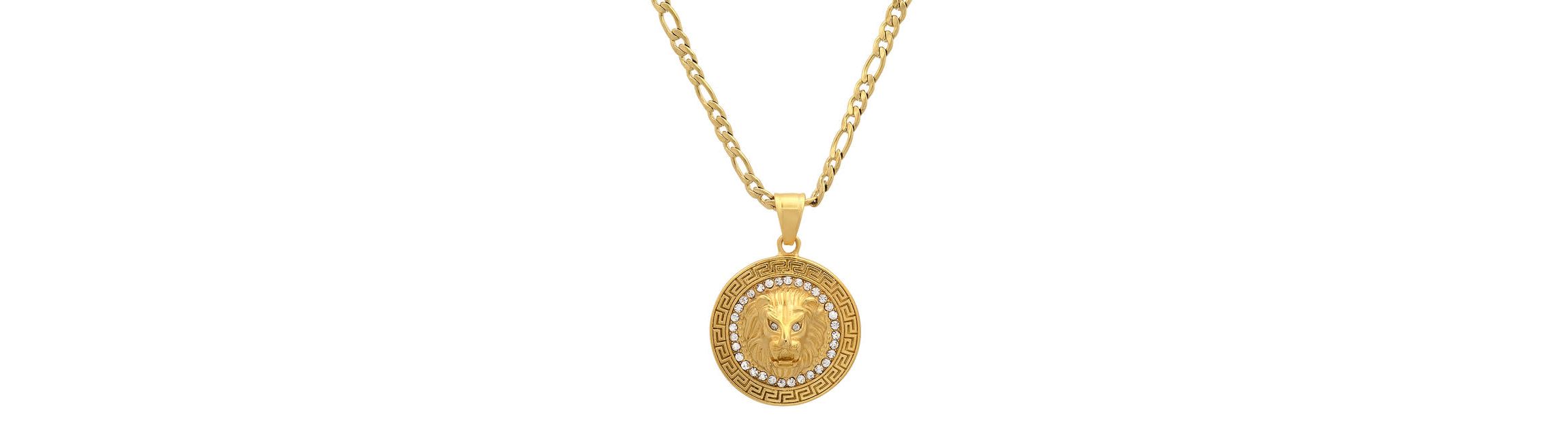 Mens 18k gold plated stainless steel lion head round pendant with simulated diamonds and greek key accents