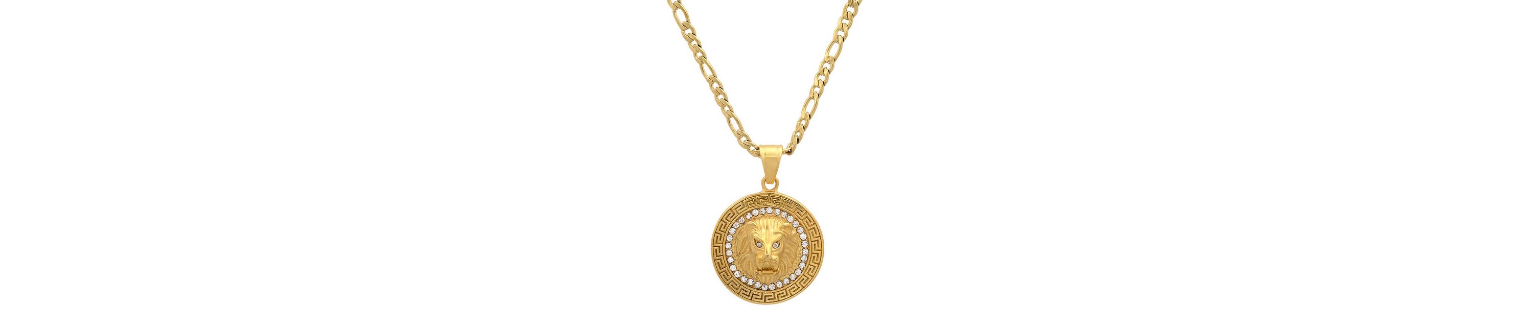 Mens 18k gold plated stainless steel lion head round pendant with simulated diamonds and greek key accents