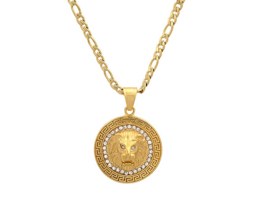 Mens 18k gold plated stainless steel lion head round pendant with simulated diamonds and greek key accents