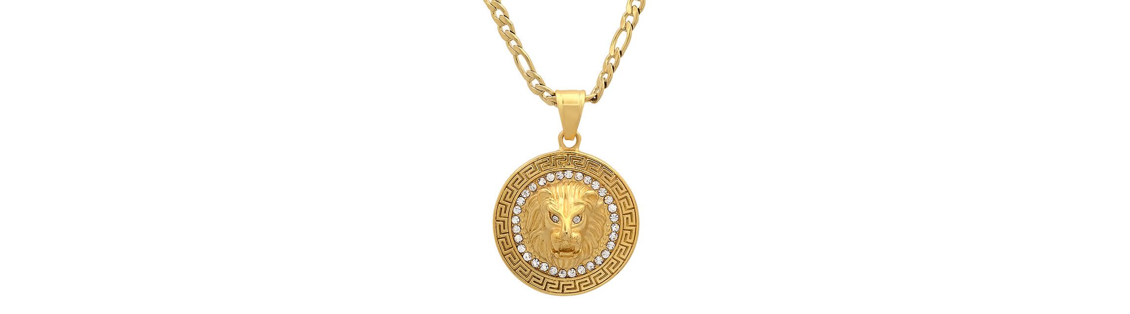 Mens 18k gold plated stainless steel lion head round pendant with simulated diamonds and greek key accents