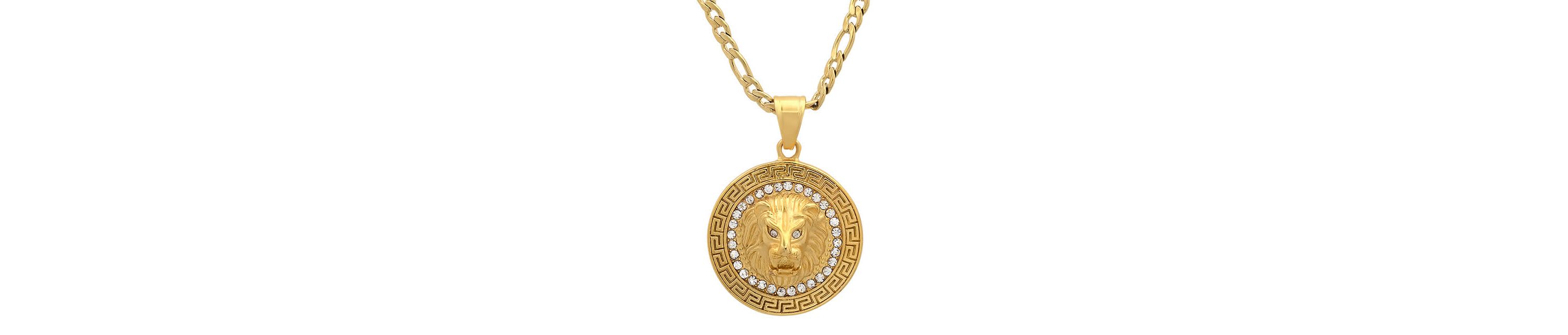 Mens 18k gold plated stainless steel lion head round pendant with simulated diamonds and greek key accents