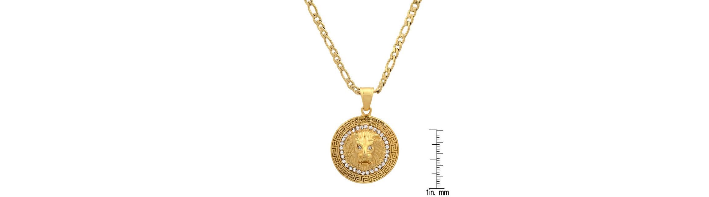 Mens 18k gold plated stainless steel lion head round pendant with simulated diamonds and greek key accents