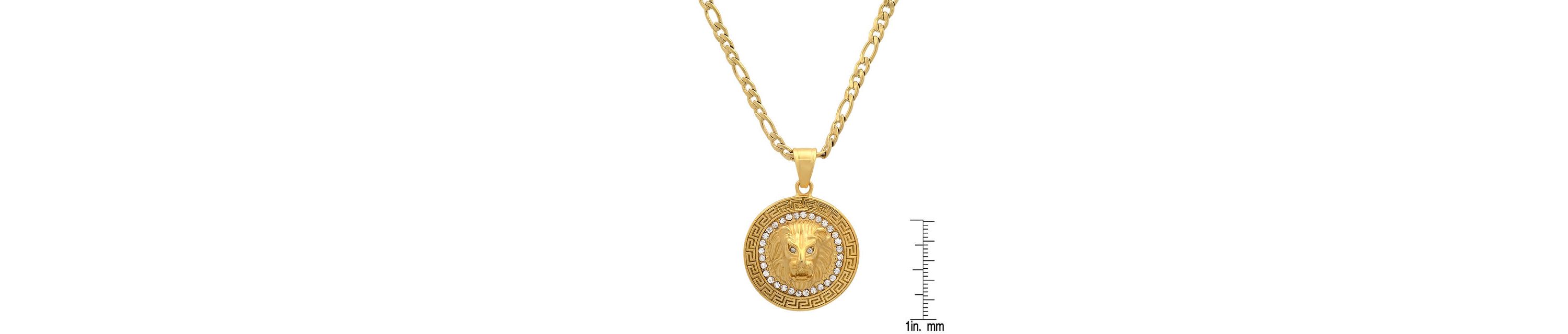 Mens 18k gold plated stainless steel lion head round pendant with simulated diamonds and greek key accents