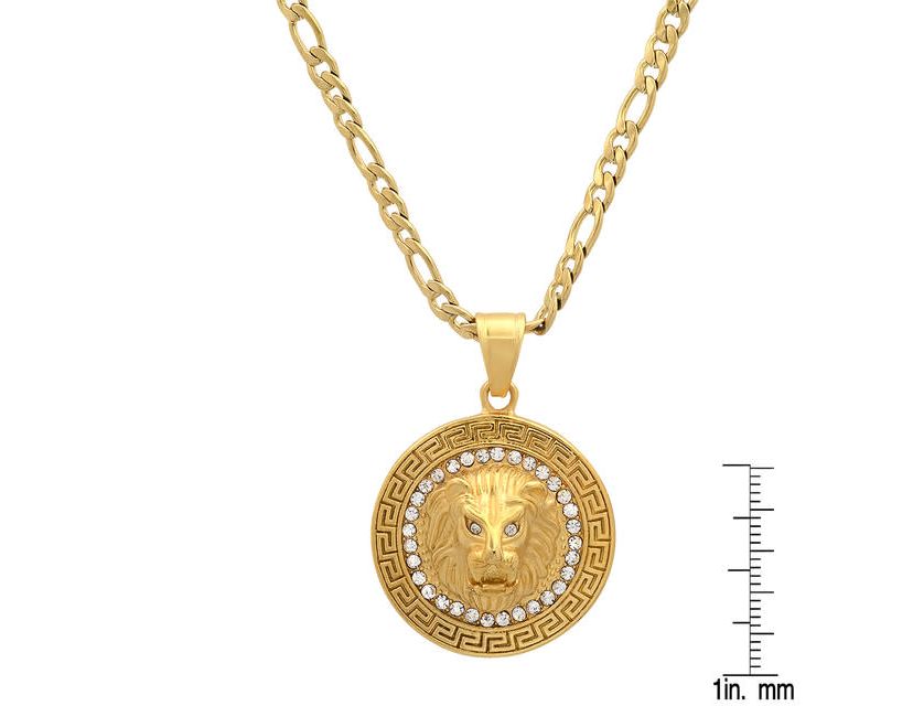 Mens 18k gold plated stainless steel lion head round pendant with simulated diamonds and greek key accents