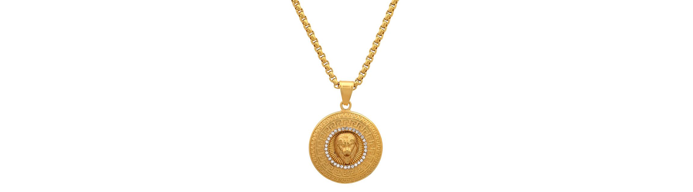 Mens 18k gold plated stainless steel lion head round pendant with simulated diamonds and greek key accents