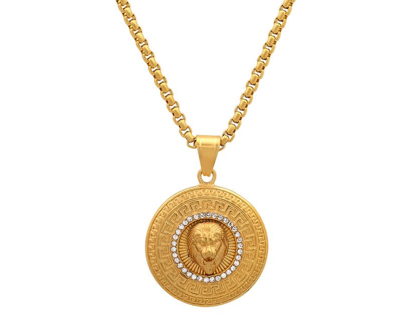 Mens 18k gold plated stainless steel lion head round pendant with simulated diamonds and greek key accents