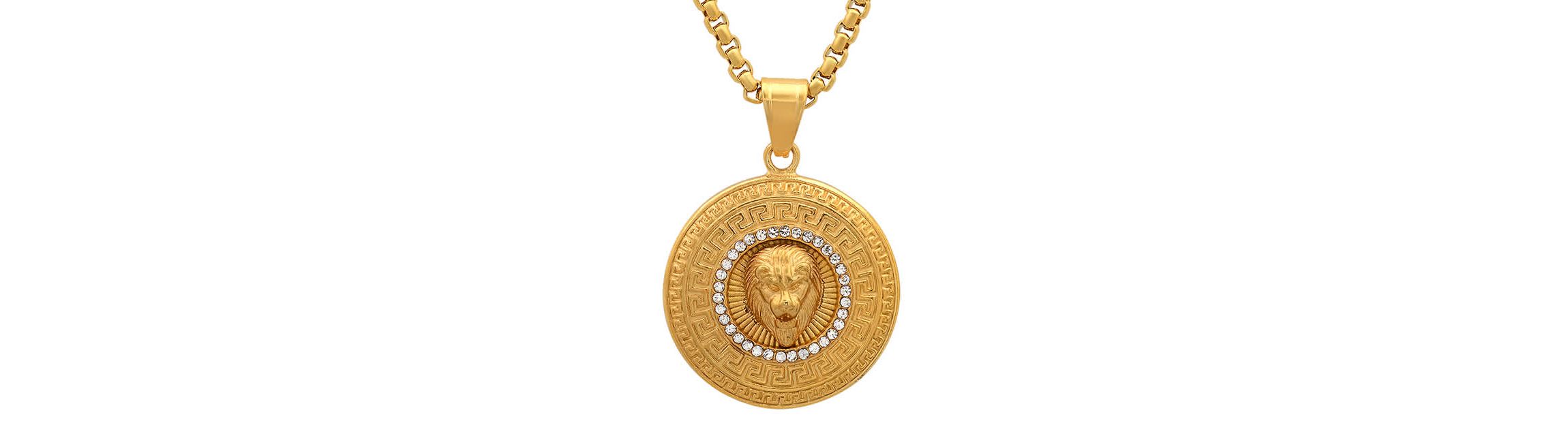 Mens 18k gold plated stainless steel lion head round pendant with simulated diamonds and greek key accents