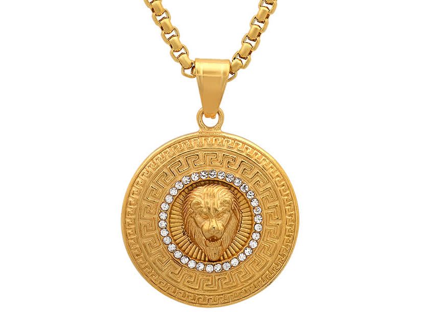 Mens 18k gold plated stainless steel lion head round pendant with simulated diamonds and greek key accents