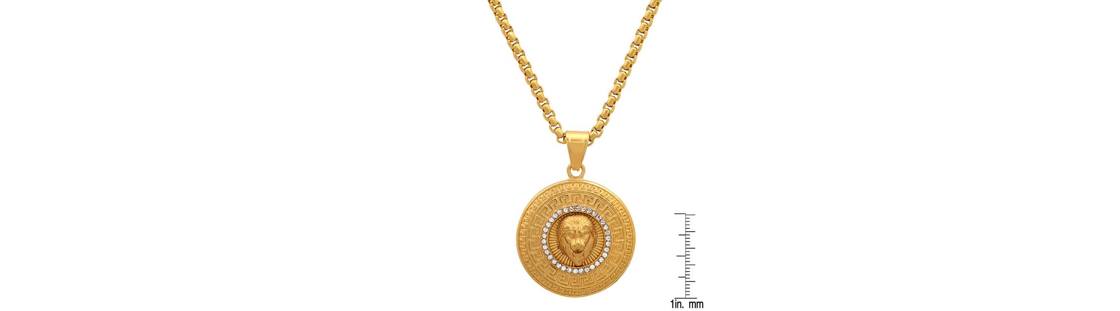 Mens 18k gold plated stainless steel lion head round pendant with simulated diamonds and greek key accents