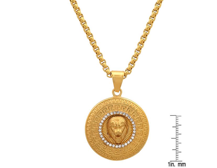Mens 18k gold plated stainless steel lion head round pendant with simulated diamonds and greek key accents
