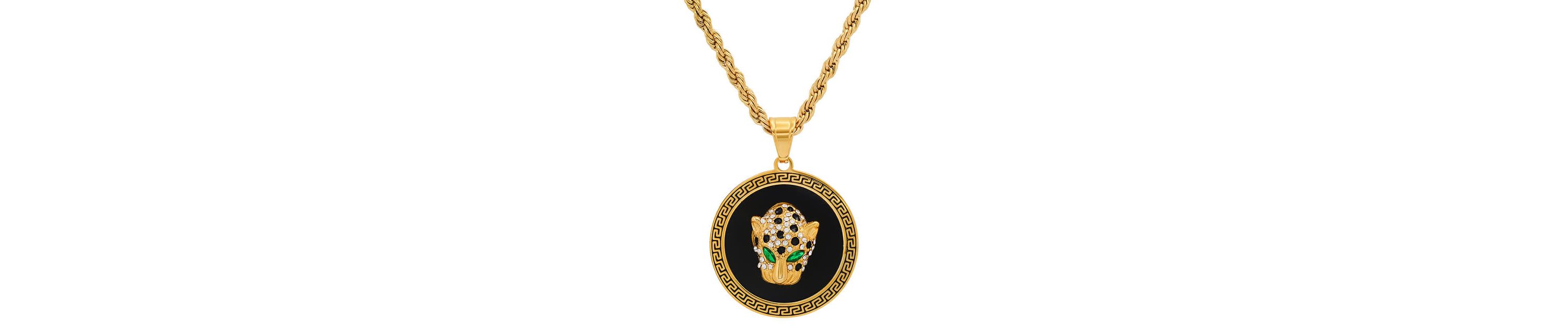 Mens 18k gold plated stainless steel and gree & white simulated diamonds cheetahs head round pendant with greek key accents