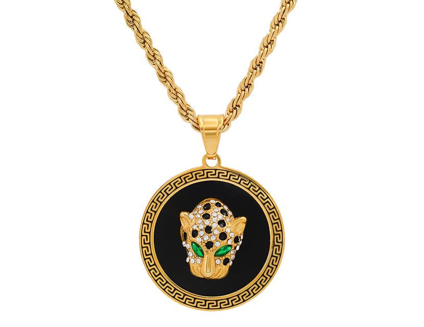 Mens 18k gold plated stainless steel and gree & white simulated diamonds cheetahs head round pendant with greek key accents