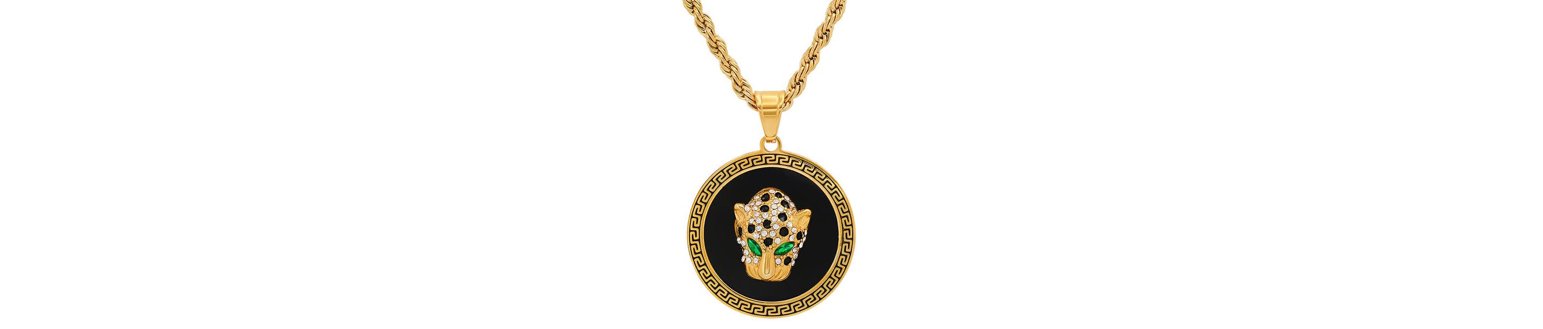 Mens 18k gold plated stainless steel and gree & white simulated diamonds cheetahs head round pendant with greek key accents