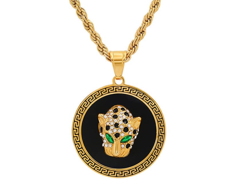 Mens 18k gold plated stainless steel and gree & white simulated diamonds cheetahs head round pendant with greek key accents