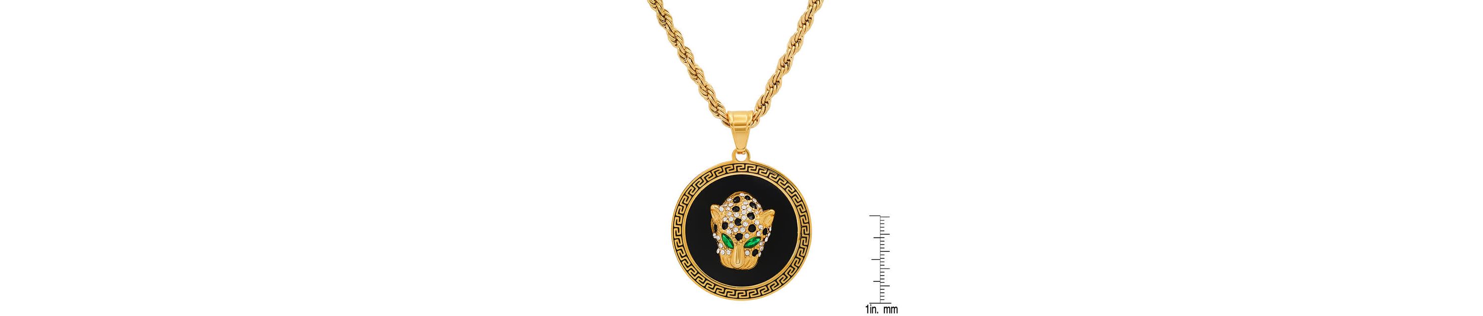 Mens 18k gold plated stainless steel and gree & white simulated diamonds cheetahs head round pendant with greek key accents