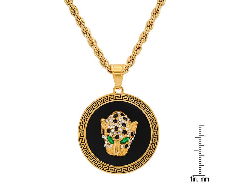 Mens 18k gold plated stainless steel and gree & white simulated diamonds cheetahs head round pendant with greek key accents