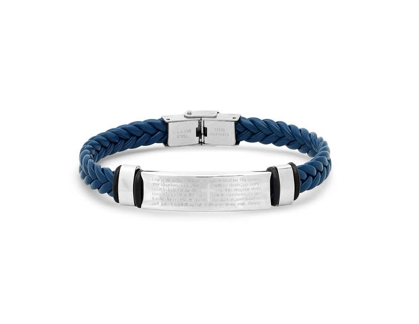 Mens blue braided leather, stainless steel and hematite beded 2pc set bracelets