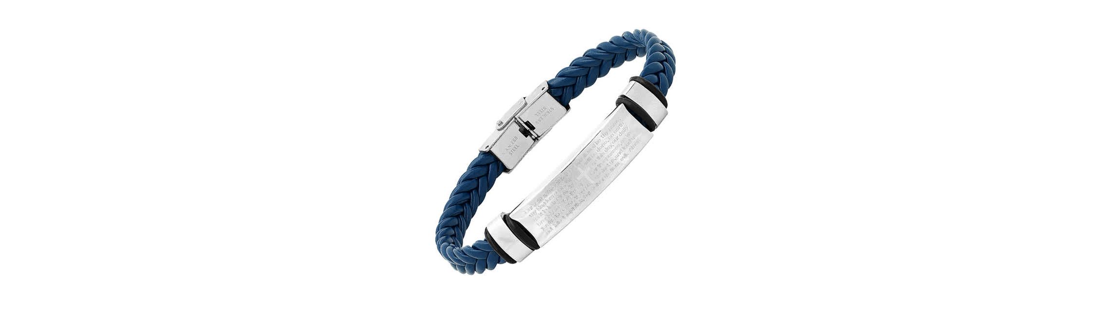 Mens blue braided leather, stainless steel and hematite beded 2pc set bracelets