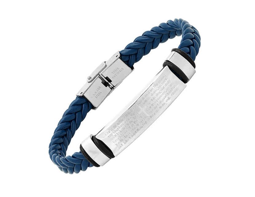 Mens blue braided leather, stainless steel and hematite beded 2pc set bracelets