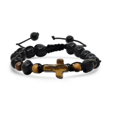STEELTIME Men's tiger eye cross and black beads drawstring beaded bracelet