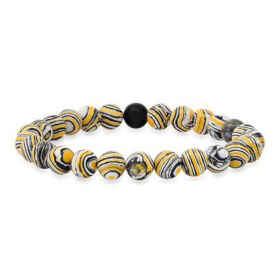 STEELTIME Men's black, yellow and white marble agate and lava beaded stretch bracelet