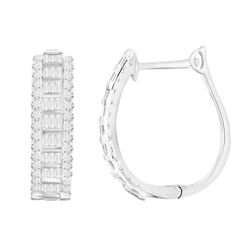 10K White Gold 1 1/2ct Round/Baguette Diamond Hoops Earring