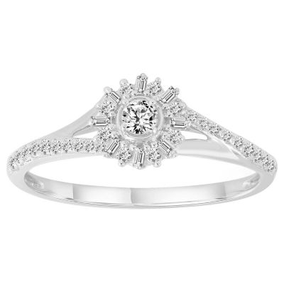STEELTIME 10K White Gold 1/4ct Round/Baguette/Ruby Diamond Ladies Ring, 7