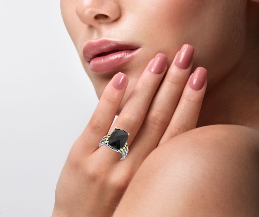Onyx Ring in Sterling Silver and 18K Yellow Gold Plating