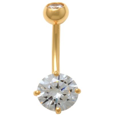 Zahav Jewelry 10KT Solid Gold Belly Ring with Round CZ Center and Bezel CZ Ball