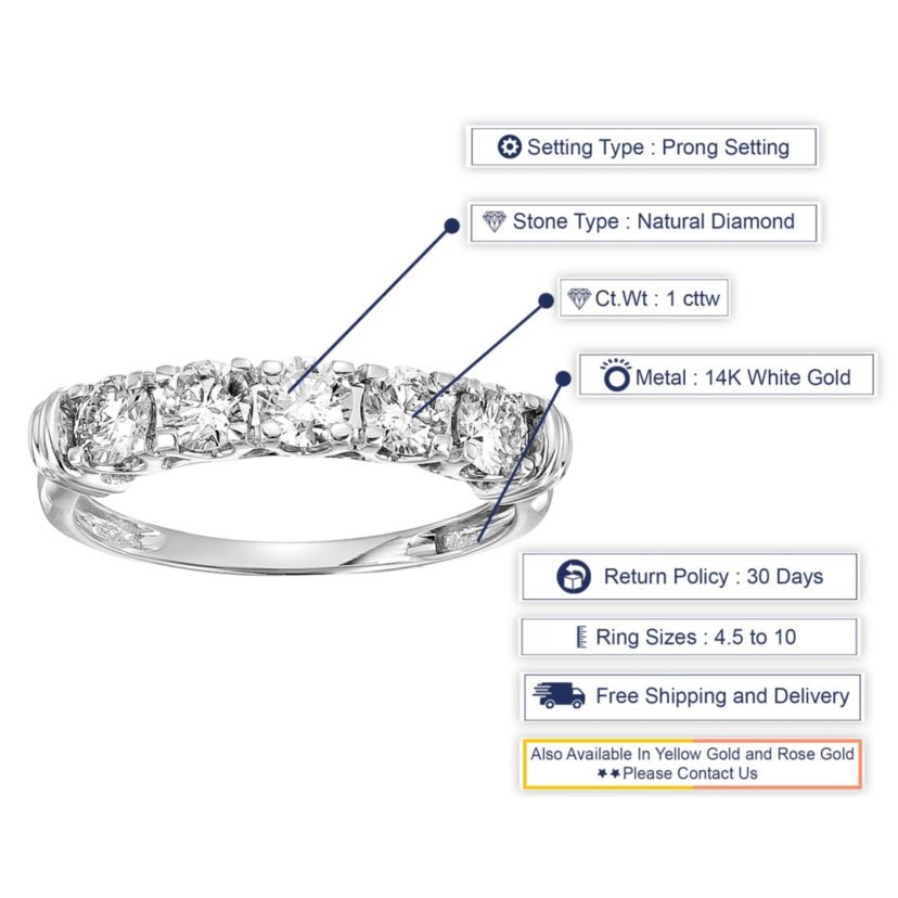 1 ct. t.w. 5 Stone Diamond Ring Engagement Bridal in 14K White Gold