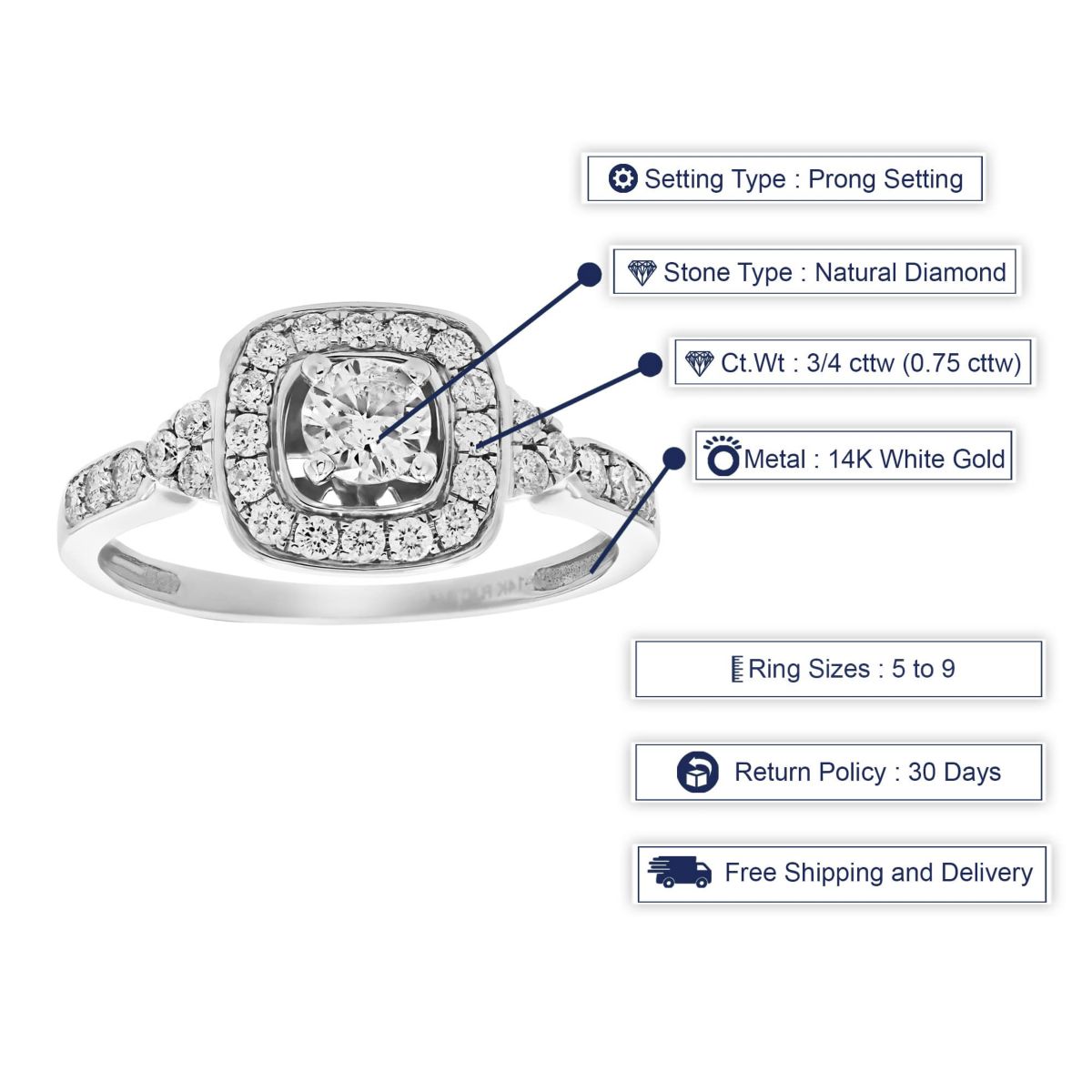 3/4 ct. t.w. 5 Stone Diamond Ring Engagement Bridal in 14K White Gold