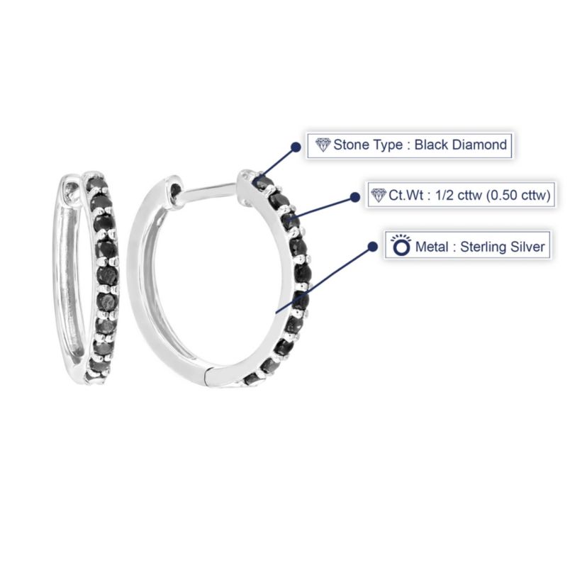 1/2 ct. t.w. Black Diamond Hoop Earrings in 925 Sterling Silver