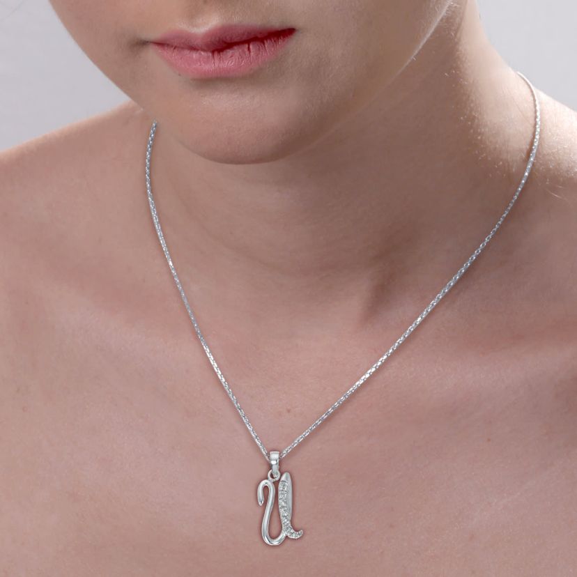 1/8 ct. t.w. Diamond Pendant Necklace Letter U in 925 Sterling Silver