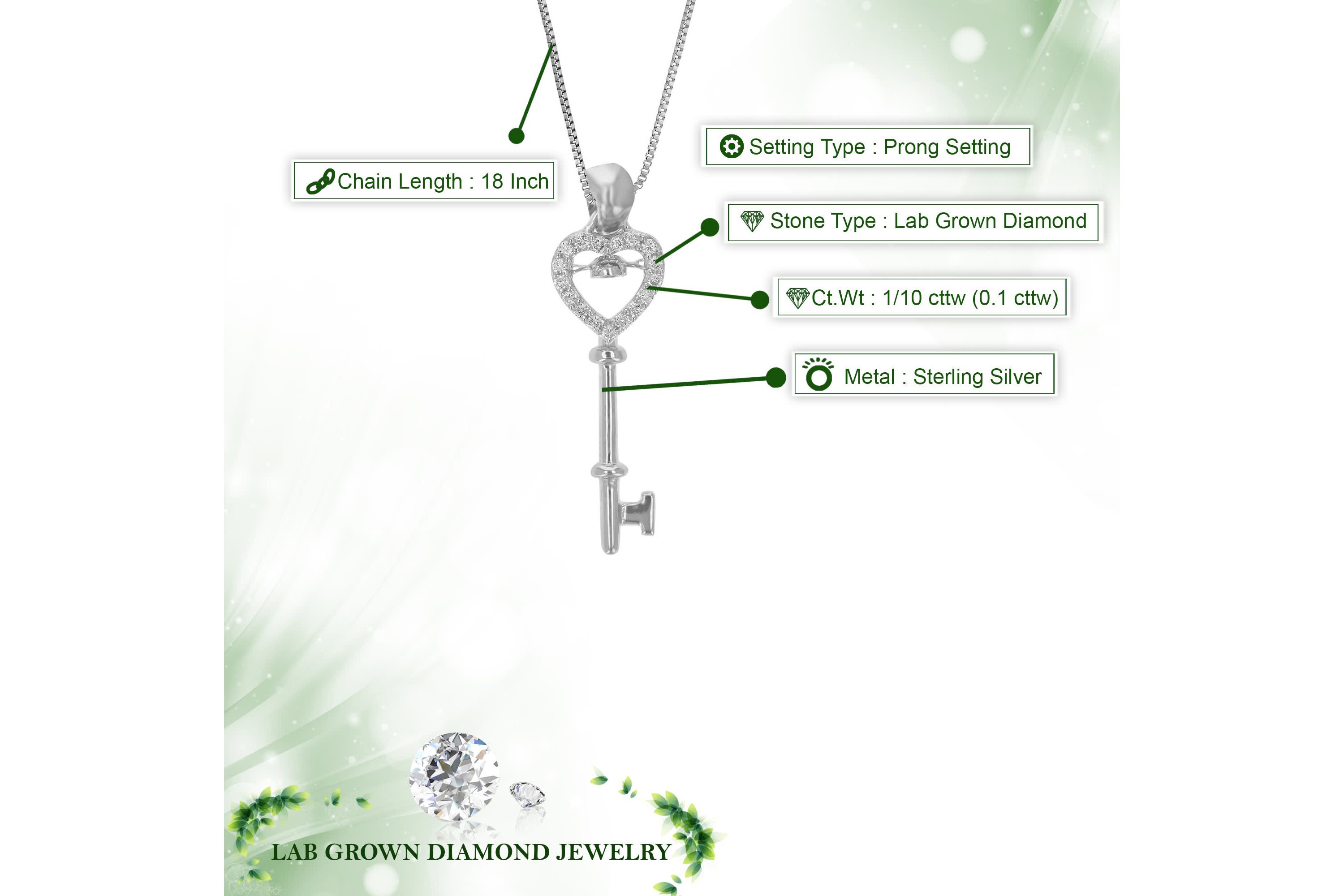 Lab Created 1/10 ct. t.w. Lab Grown Diamond Heart and Key Pendant Necklace in Sterling Silver