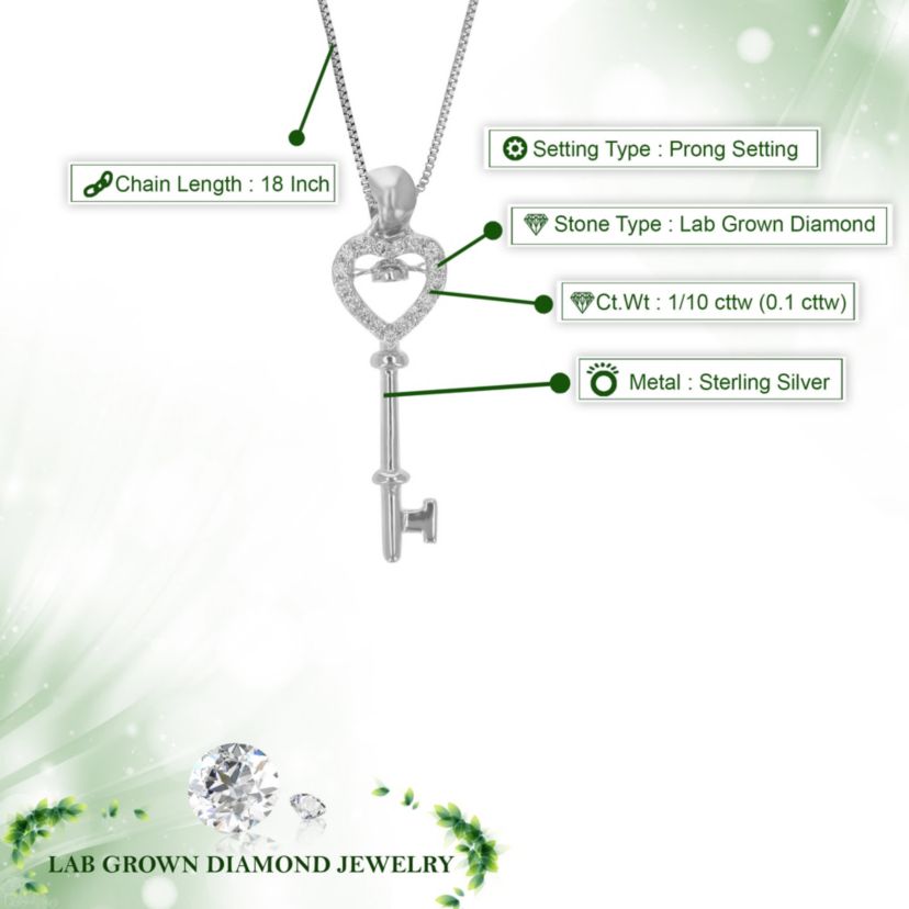 Lab Created 1/10 ct. t.w. Lab Grown Diamond Heart and Key Pendant Necklace in Sterling Silver