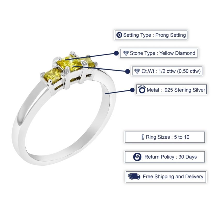 1/2 ct. t.w. 3 Stone Yellow Diamond Engagement Ring in 925 Sterling Silver