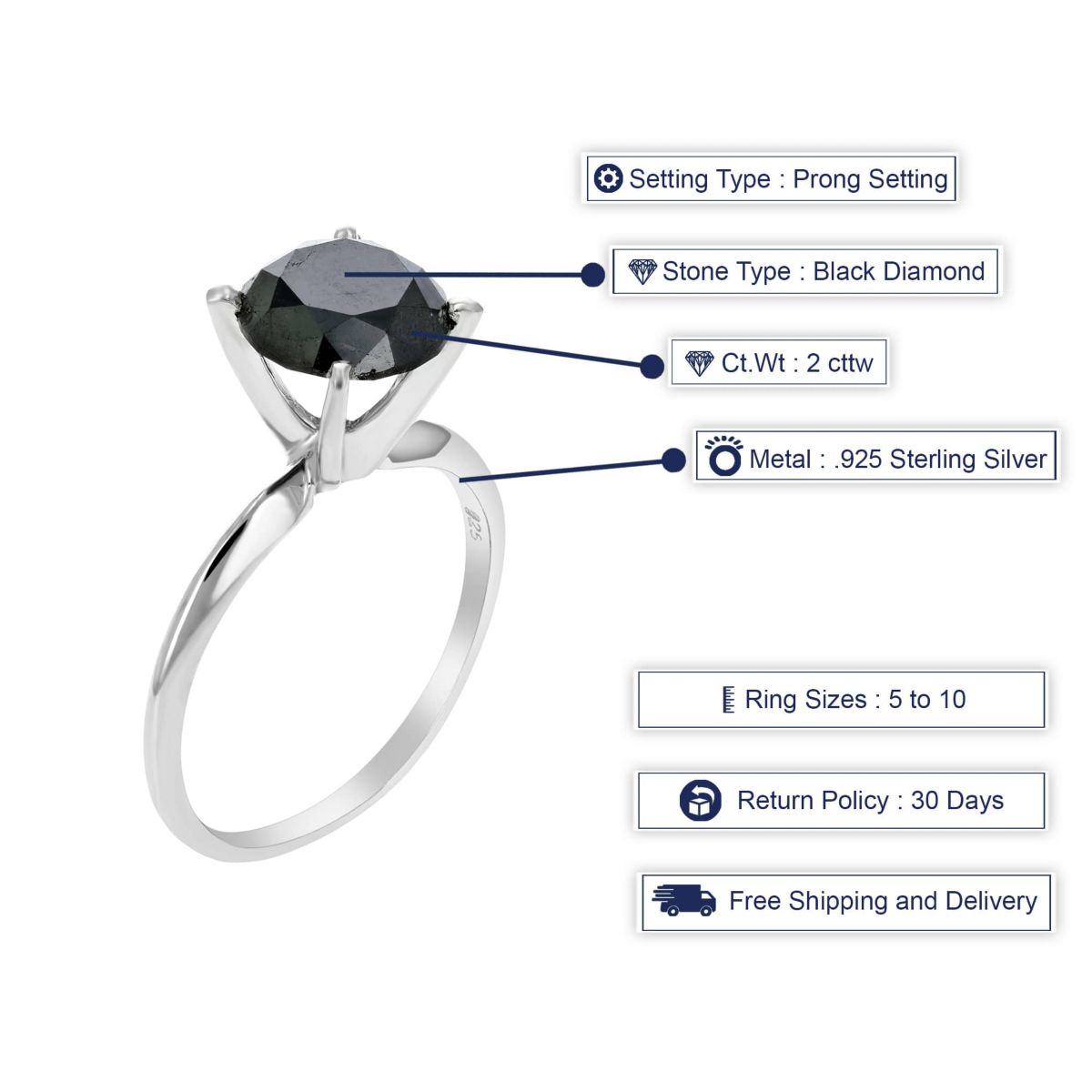 2 ct. t.w. Black Diamond Engagement Ring in 925 Sterling Silver