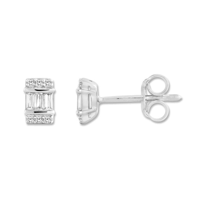 0.12 Ct.tw Baguette & Round Natural Diamond Stud Earrings for in 10K White Gold