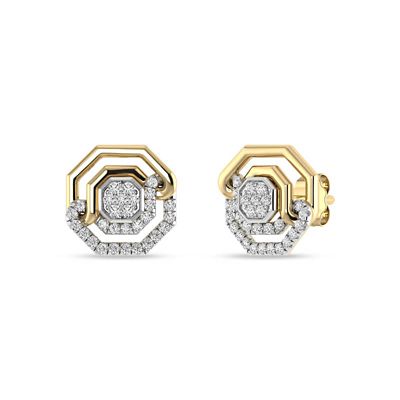Alessandra Bettini 1/4 Ct.tw Round Cut Natural Diamond Hexagon Shape Push Back Stud Earrings in 925 Silver Yellow Plated