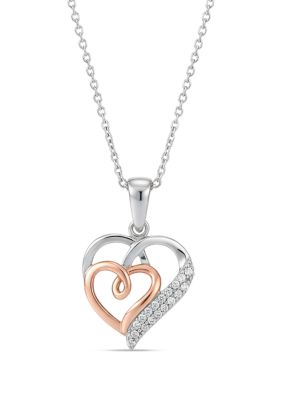 Alessandra Bettini Double Heart Pendant Necklace 0.05 Ctw Natural Diamond Charm with 18" Chain in 10K Two-Tone Gold, White