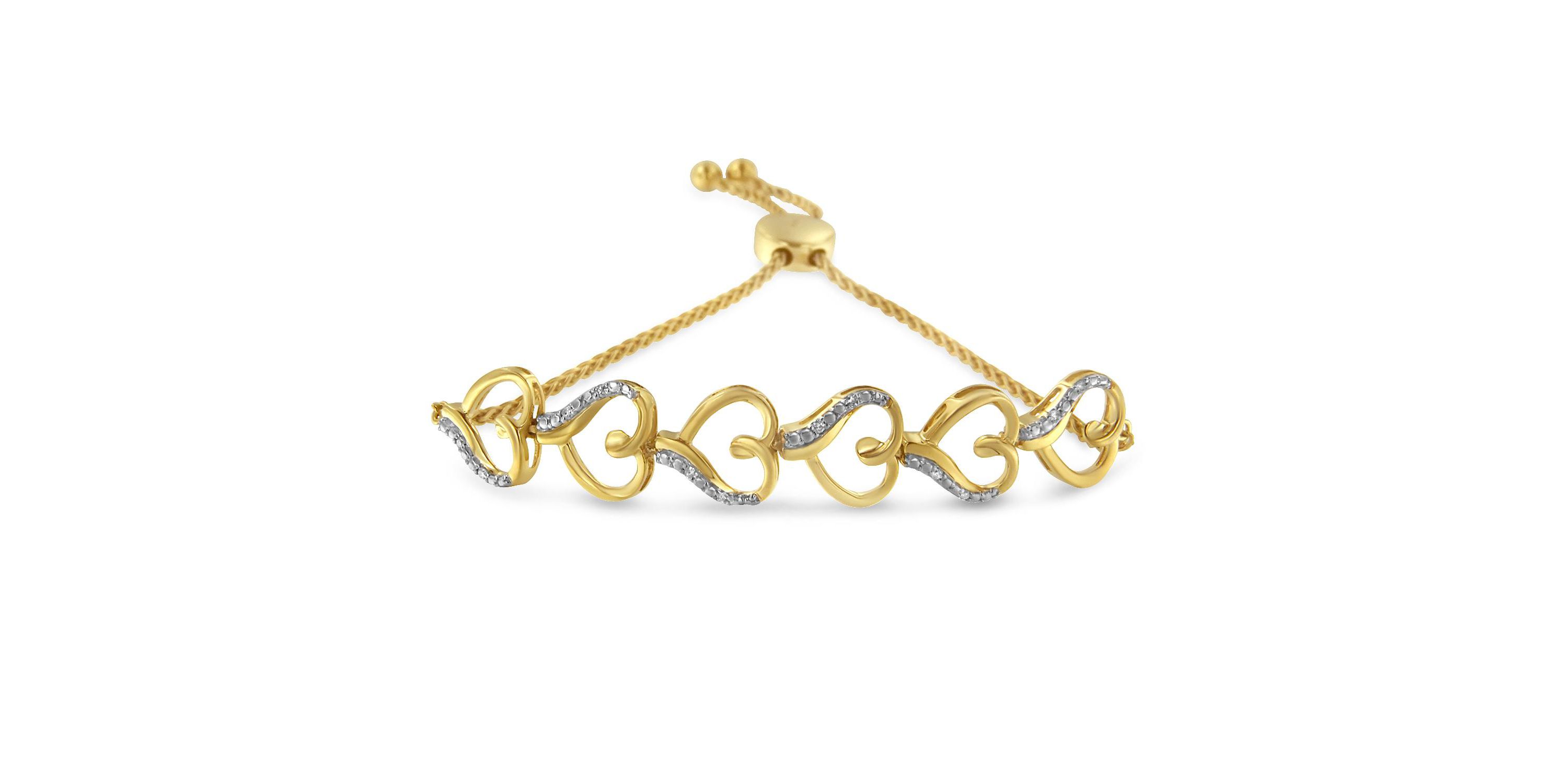 10K Yellow Gold over Silver Diamond Accented Open Hearts 6”-9” Chain Bolo Bracelet