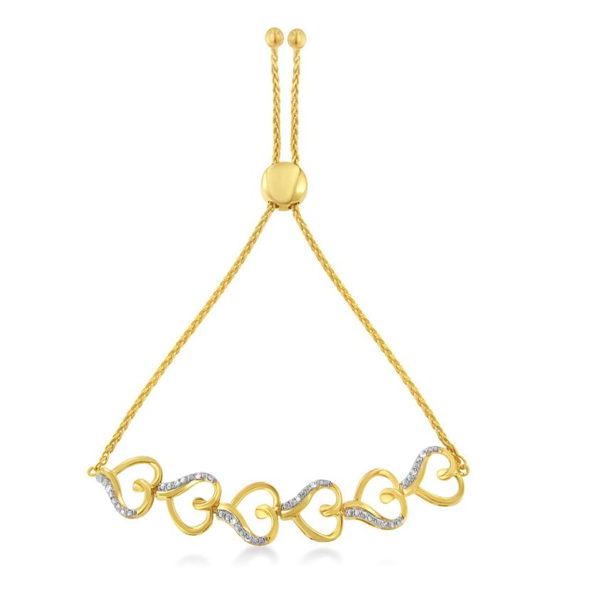 10K Yellow Gold over Silver Diamond Accented Open Hearts 6”-9” Chain Bolo Bracelet