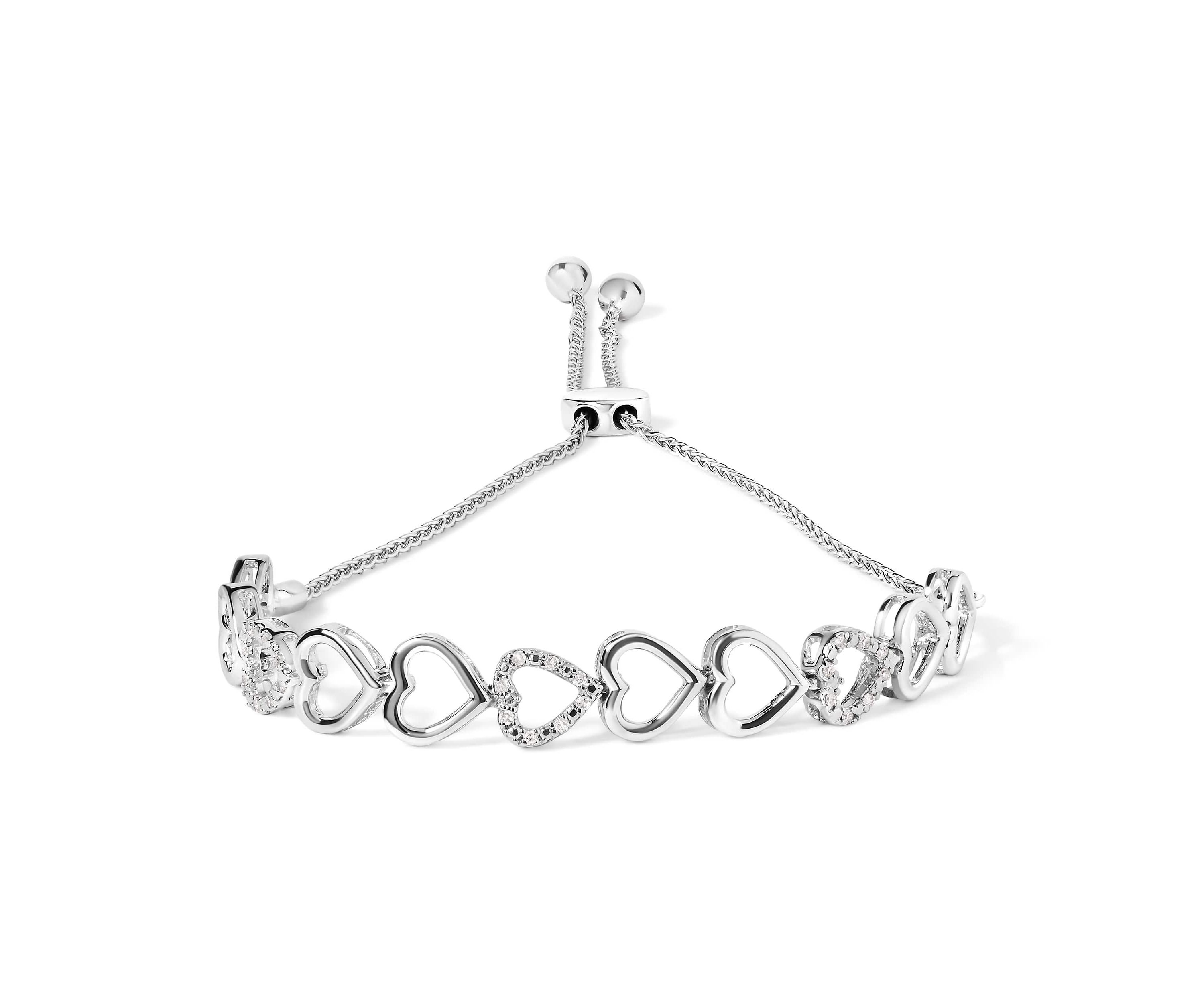 .925 Sterling Silver 1/10 Cttw Diamond Heart Link Bolo Bracelet