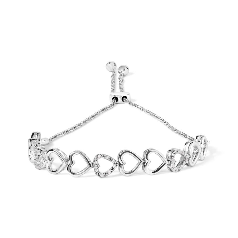 .925 Sterling Silver 1/10 Cttw Diamond Heart Link Bolo Bracelet